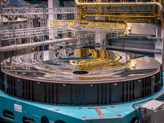 Highly reflective, silvery surface, finished mirror for the Vera C. Rubin Observatory's telescope